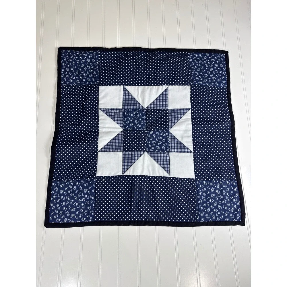 Handmade Quilted Wall Hanging Blue White Star Patchwork Table Topper 21x21